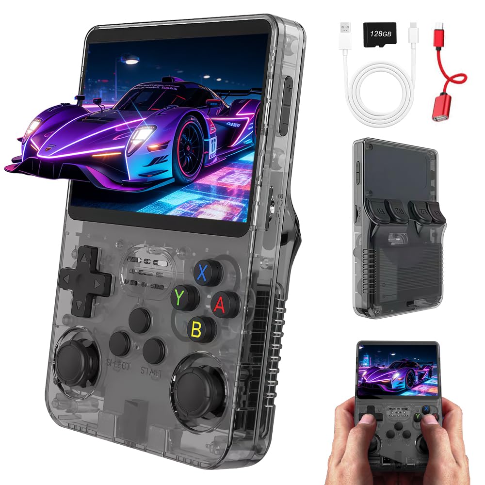 Console di gioco portatile retrò R36S, console retrò da 128 GB, console portatile con schermo IPS da 3,5 pollici, mini console retrò portatile, console emulatore per sistema Linux Game Boy (nero)
