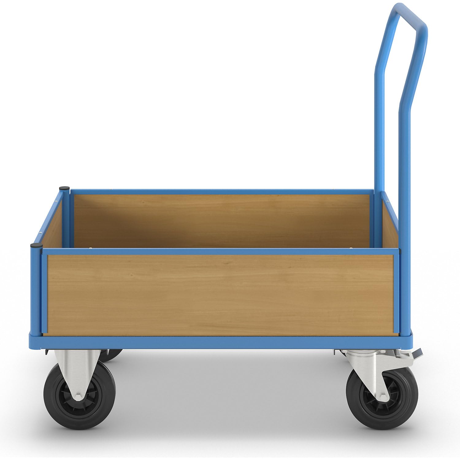 eurokraft pro | Plattformwagen mit Holzwänden | Mit 4 halbhohen Wänden, LxB 1050 x 700 mm, Vollgummi