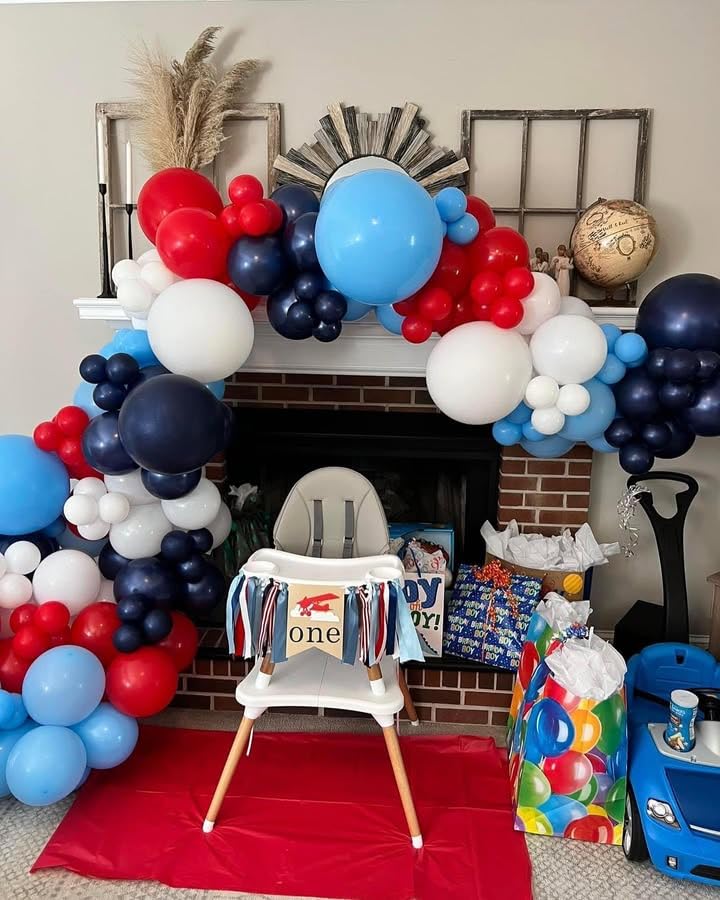 Image of Airplane Balloon Garland Arch Kit 147pcs Navy Blue Red and Blue white Balloons for Time Flies Theme Birthday Baby Shower Superhero Boys Party Supplies