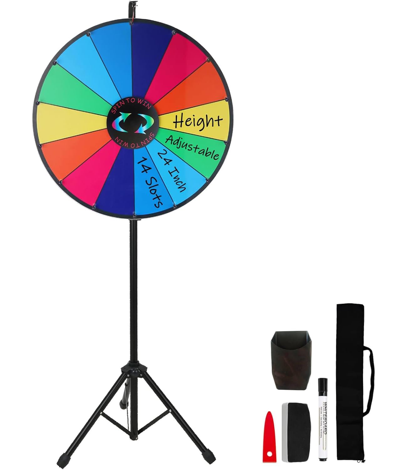24 Inch Spinning Prize Wheel with Folding Tripod Floor Stand 44”-60” Height Adjustable 14 Slots Color Dry Erase Spin Wheel Spinner Game with Dry Erase & Marker Pen for Trade Show