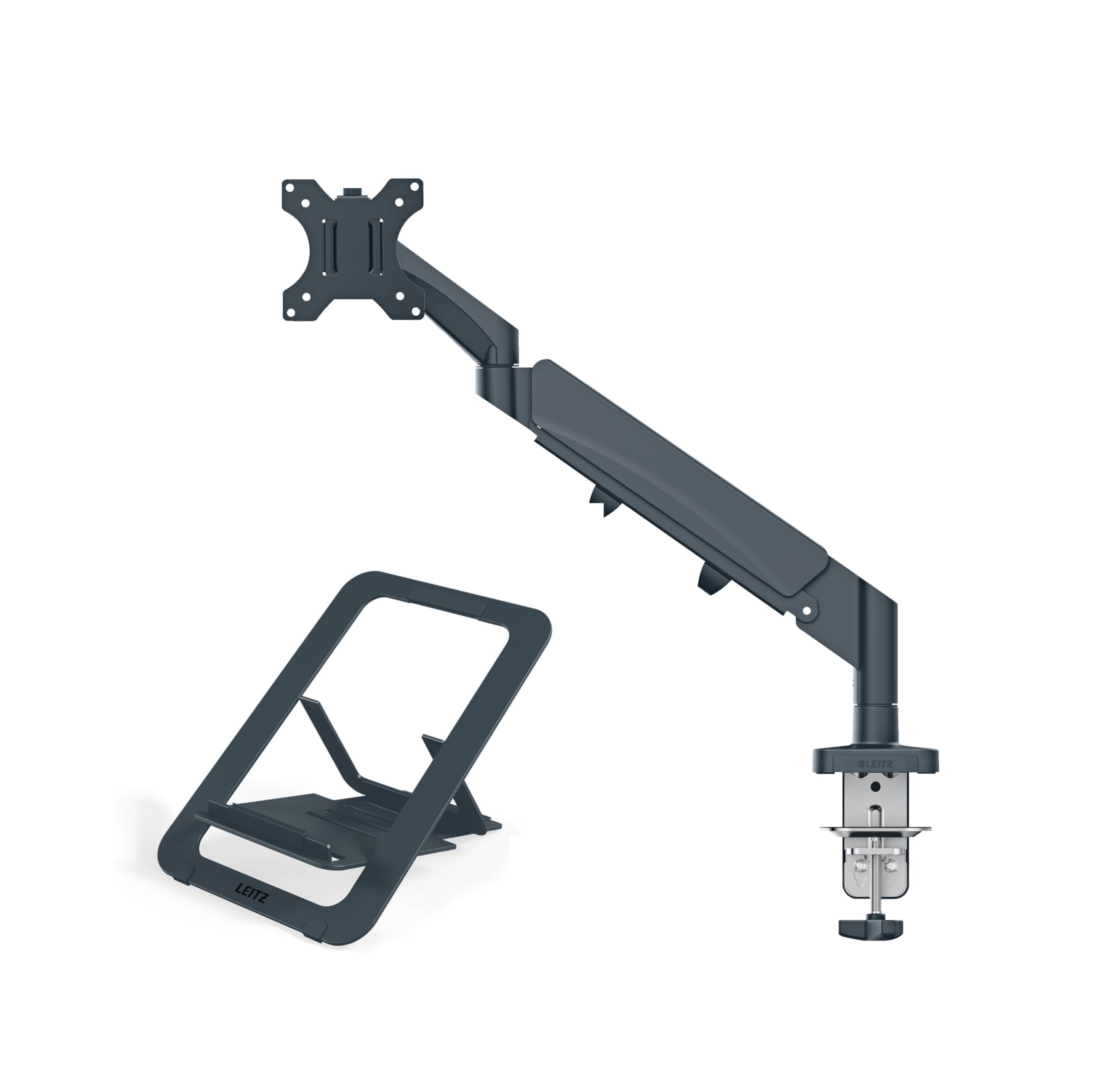 Leitz Ergo Set: Platzsparender Monitor-Arm für 17-32 Zoll Monitore (bis zu 9 kg) & Ultra-Flacher Aluminium-Laptopständer für 10-17 Zoll Laptops/Tablets, Ergonomisch, Platzsparend, Flexibel, Set