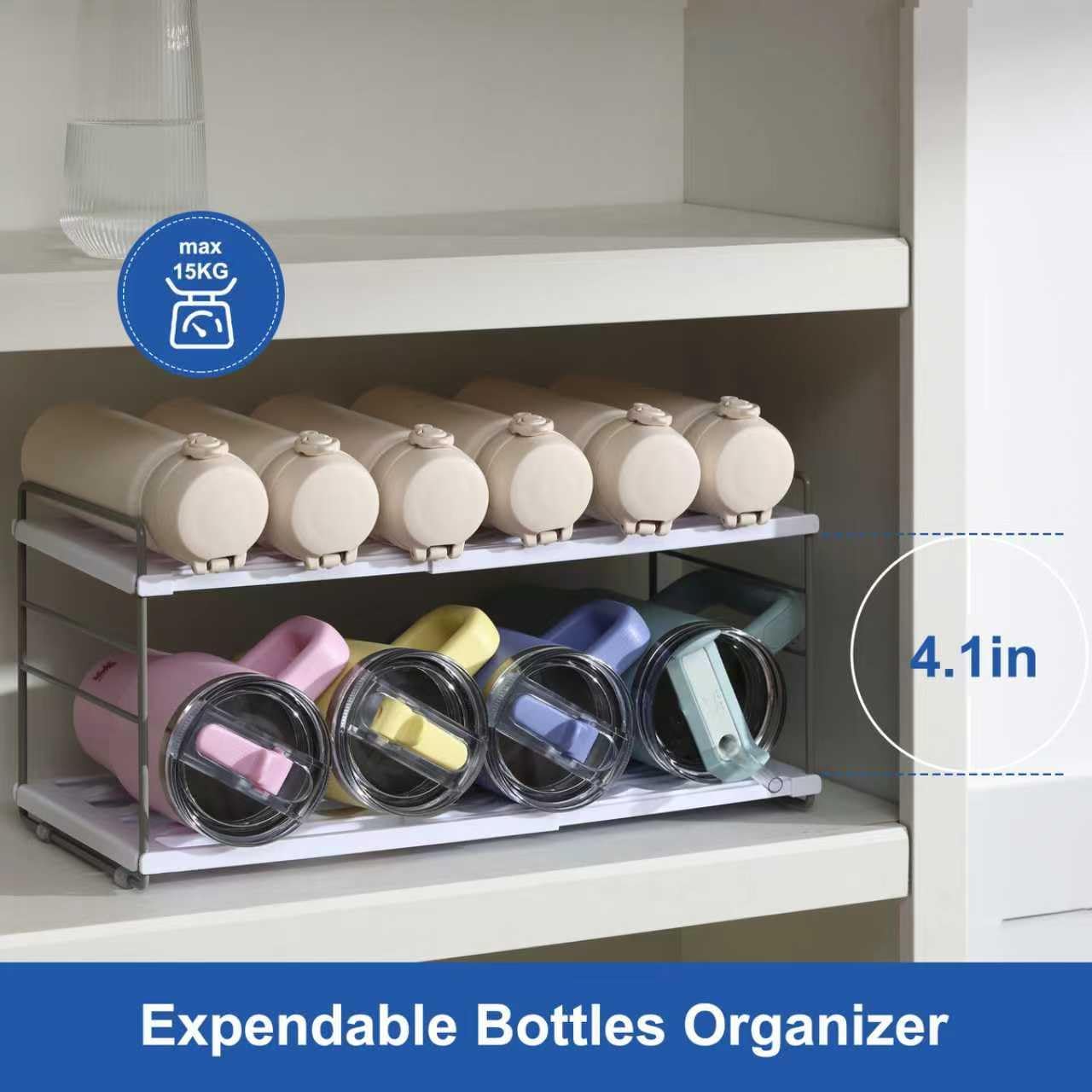 Water Bottle Organizer For Cabinet, Adjustable Tumbler Storage, Expandable 2 Tier Cup Organizer For Kitchen, Water Bottle Shelf Rack Holder For Pantry Countertop Fridge, White - Image 3