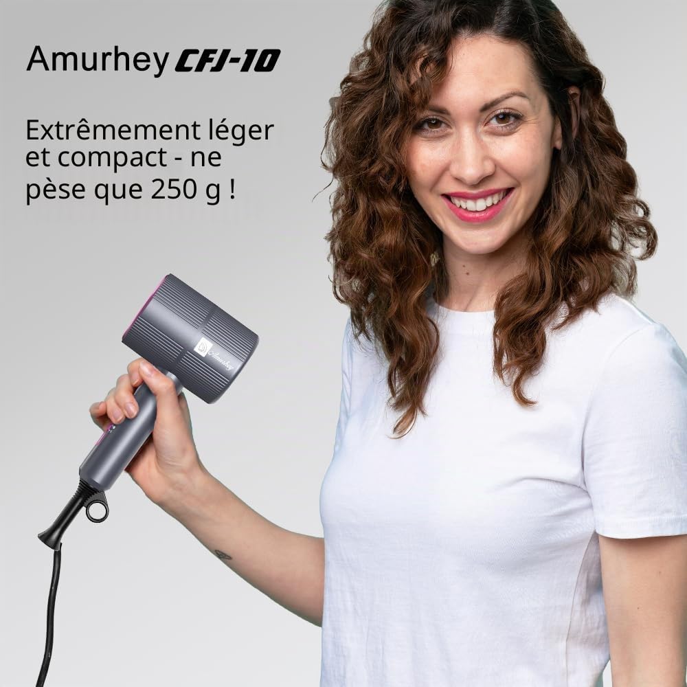 Sèche-cheveux ionique avec flux d'air de 24 m/s Amurhey – Léger & Pliable (env. 250 g)– Sèche-cheveux de voyage 2000 W avec Concentrateur & diffuseur – Hair Dryer Moteur sans balais 110 000 tr/min