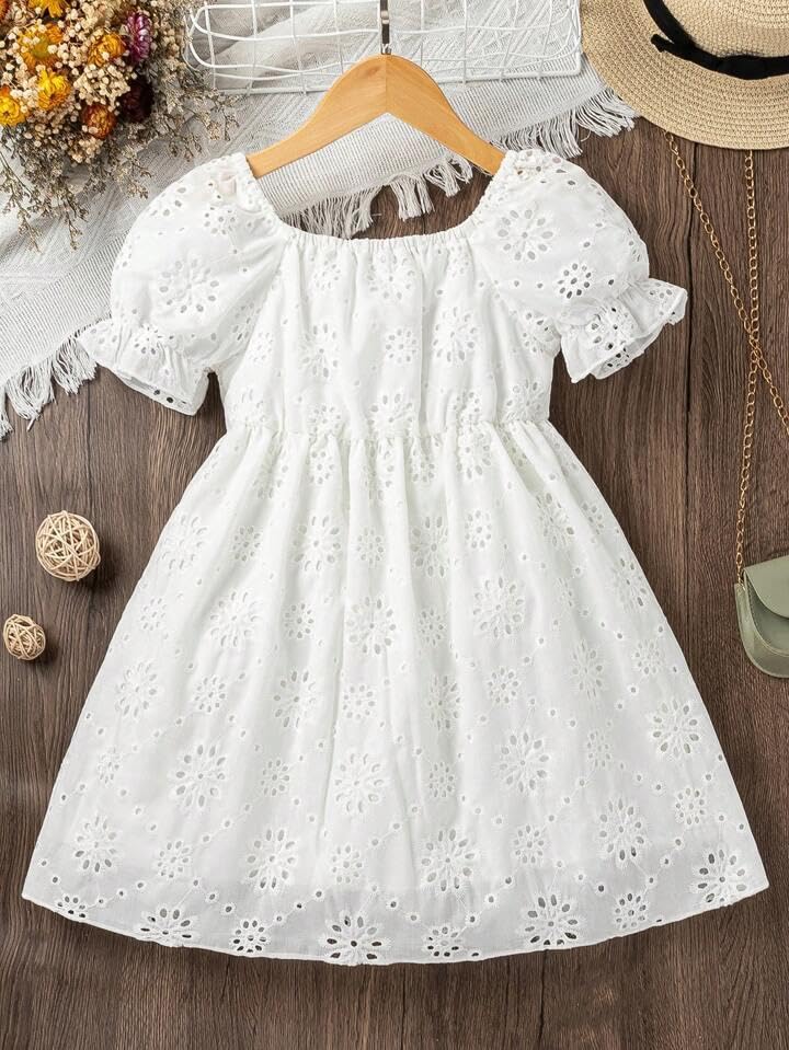 Image of Niren Enterprise Girl's A-Line Knee Length Cotton Eyelet Embroide Dress with Puff Sleeves, Floral Pattern, and Square Neckline