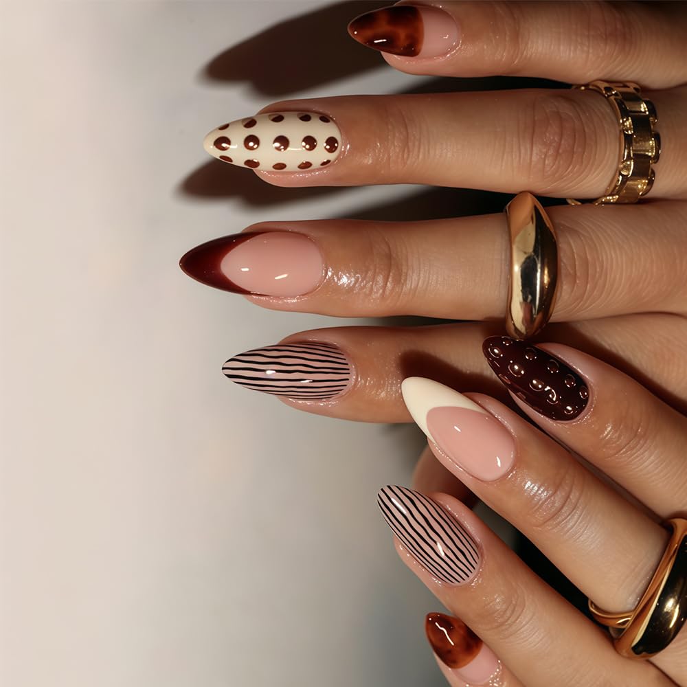 Brown Polka Dot Stripe Fall Press on Nails Medium Almond False Nails