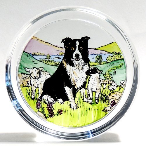HENSITADecorative Hand Painted Stained Glass Paperweight in a Collie Dog and Lambs Design.