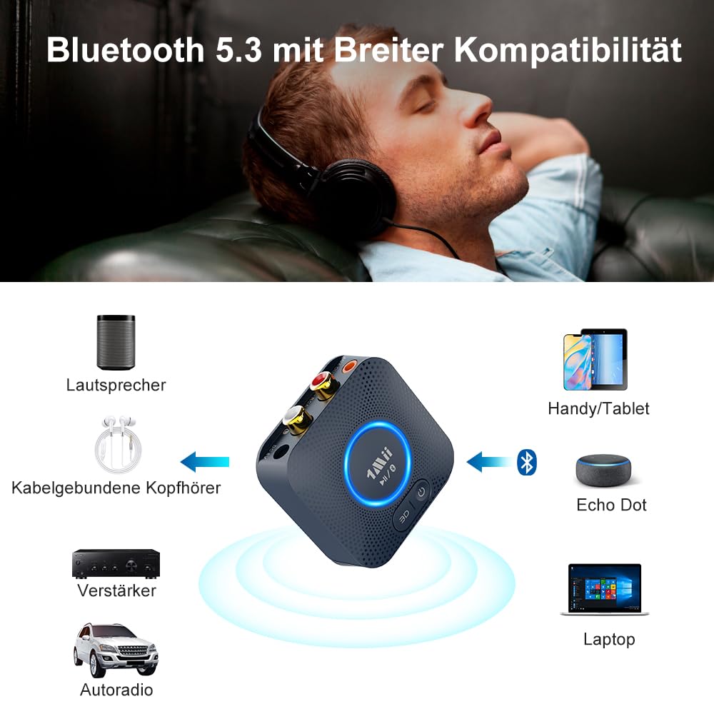 1Mii Bluetooth 5.3 Empfänger für Stereoanlage, HiFi Kabelloser Audio Adapter mit aptX HD & Low Latency, 3,5mm-Klinke & Cinch, 15 Std. Akkulaufzeit, 3D Surround