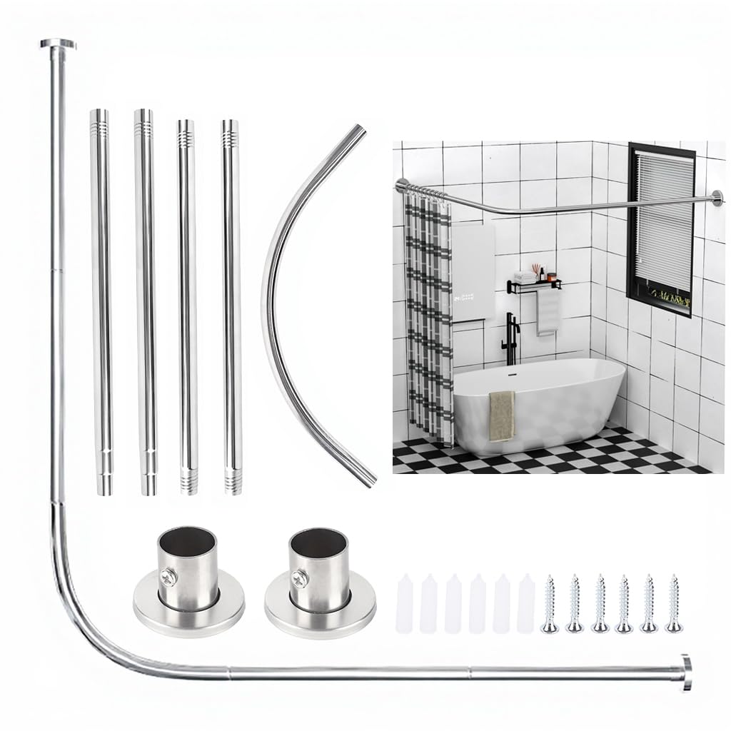 HASTHIP® Elbow Shower Curtain Rod Assembly Adjustable Stainless Steel Corner Shower Rod with Flange Cover, L-Shaped Curved Tension Rod for Bathtub & Shower Enclosure, 108-138 cm