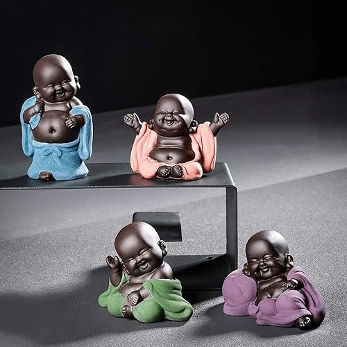 Miniatura 4 de Kingzhuo Una colección de 4 estatuas de Buda sonriente de Buda sonriente, adorable figurita de 4 encantadoras figuras de Buda pequeño Buda lindo