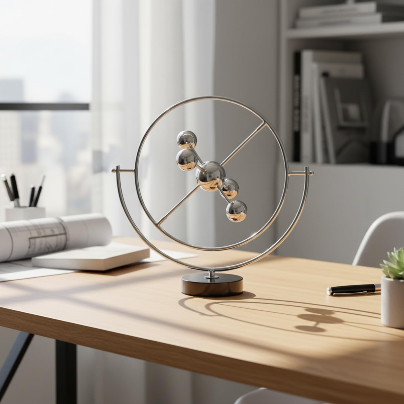 Sfera Decorativa Scultura Moderna Arredo Tavolo Centrotavola Astratto con Struttura Circolare E Barre Intersecanti in Lega con Sfere Specchiate Base