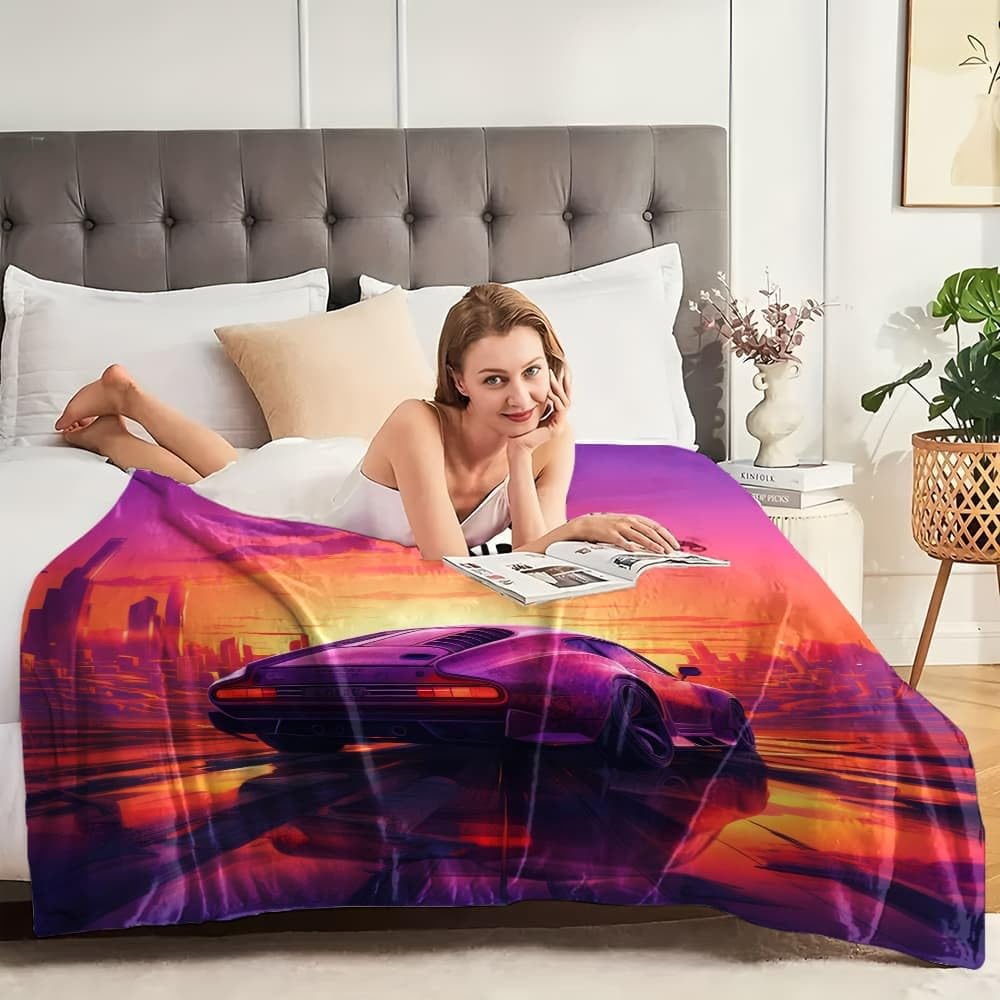 Coperta Pile 180x220 cm Auto Sportiva Al Neon Coperta Plaid Pile Divano Blanket in Flanella, Viola Coperta Letto Matrimoniale Calore Morbida, Coperta Leggera Per Campeggio e Viaggi