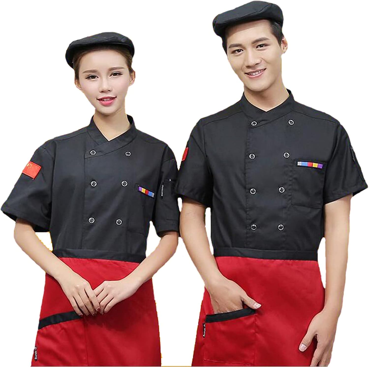 Chef Coat, Food Service Cook Uniform Chef Jacket Men Women Short Sleeve Chef Uniform Catering Kitchen Restaurant Baker Waiter Overalls(Black_A(M))