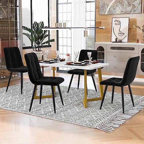 KUAKE Esstisch mit 4 Stühlen Set 117x68cm, Rechteckiger Esstisch Moderner Küchentisch Set, Samt Küchenstuhl,Golden Tischbeine (Schwarz)