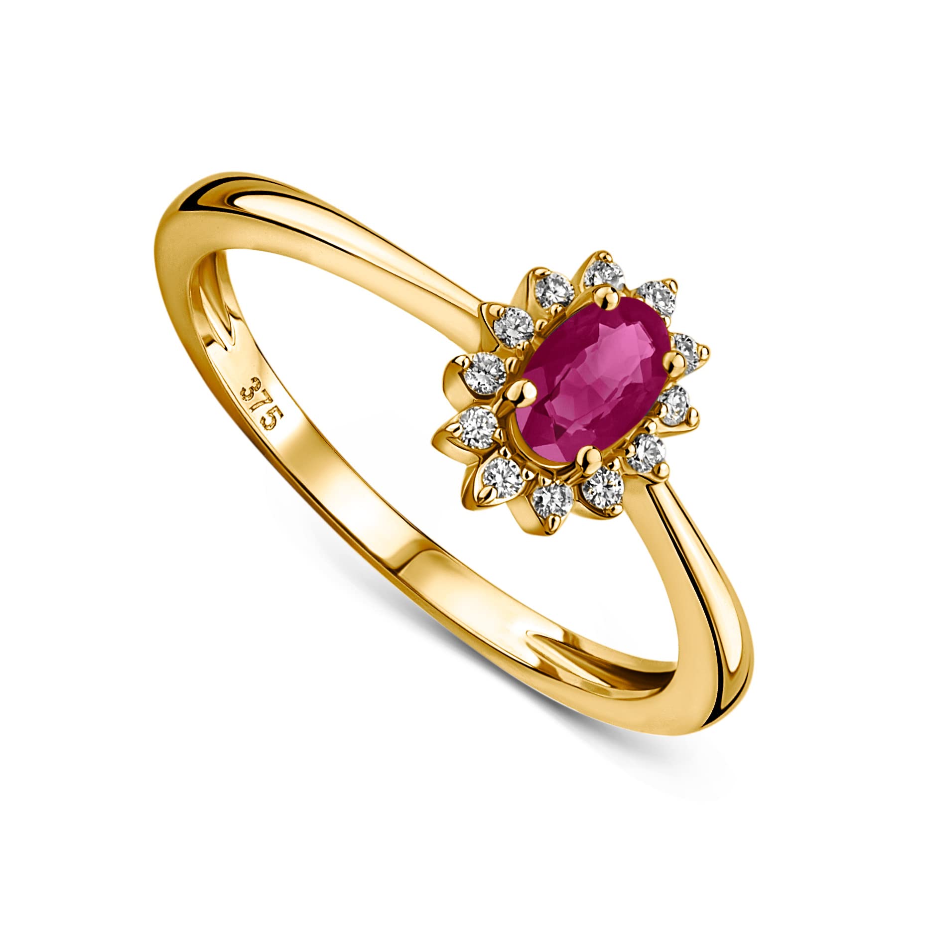 MIORE Joyas Mujer Anillo de compromiso con flor de diamante de 0,07 quilates con piedra natal de rubí rojo ovalado natural rodeado de 12 diamantes brillantes anillo clásico de oro amarillo de 9