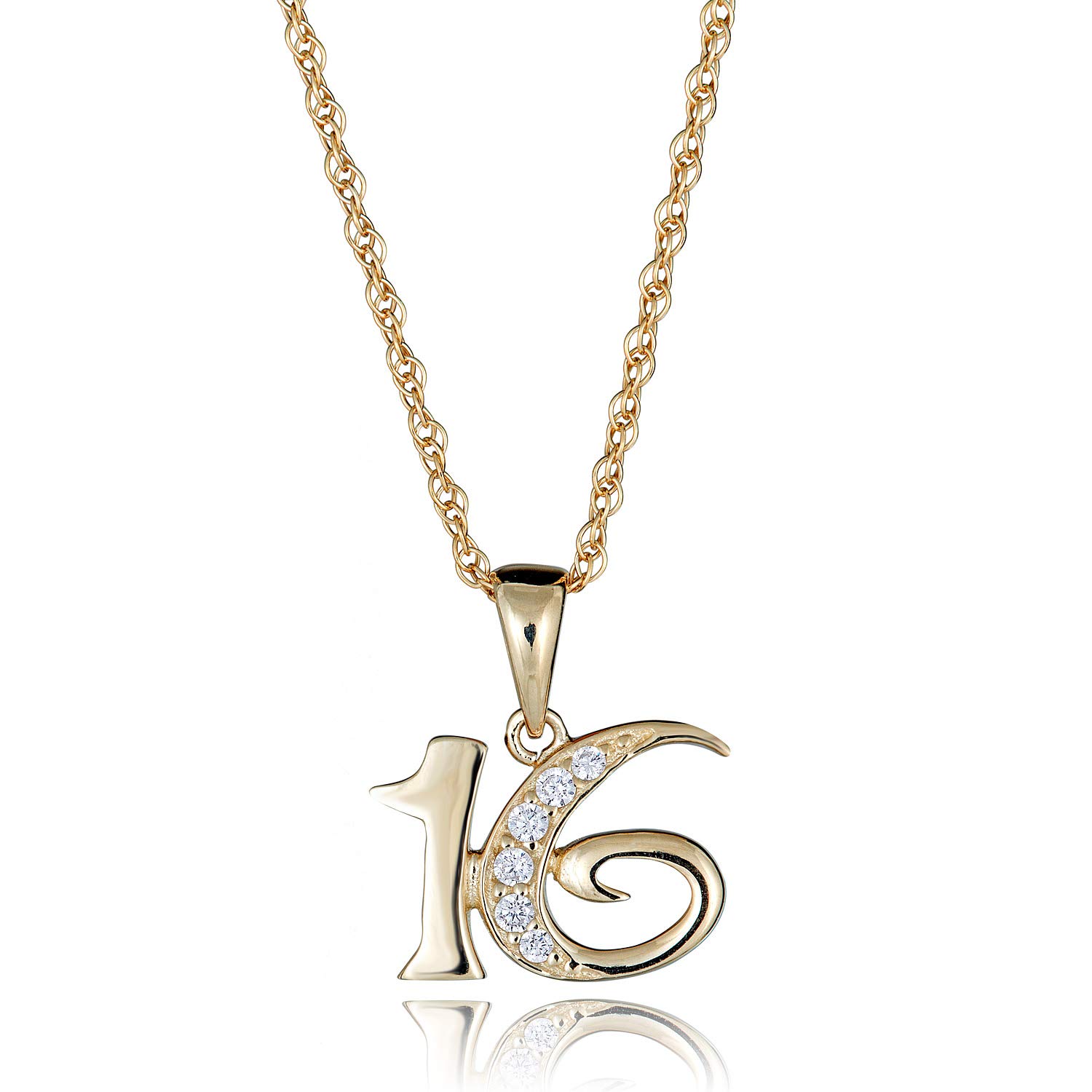 AVORA 10K Yellow Gold Simulated Diamond CZ Sweet Sixteen 16" Pendant Necklace with 18" Chain