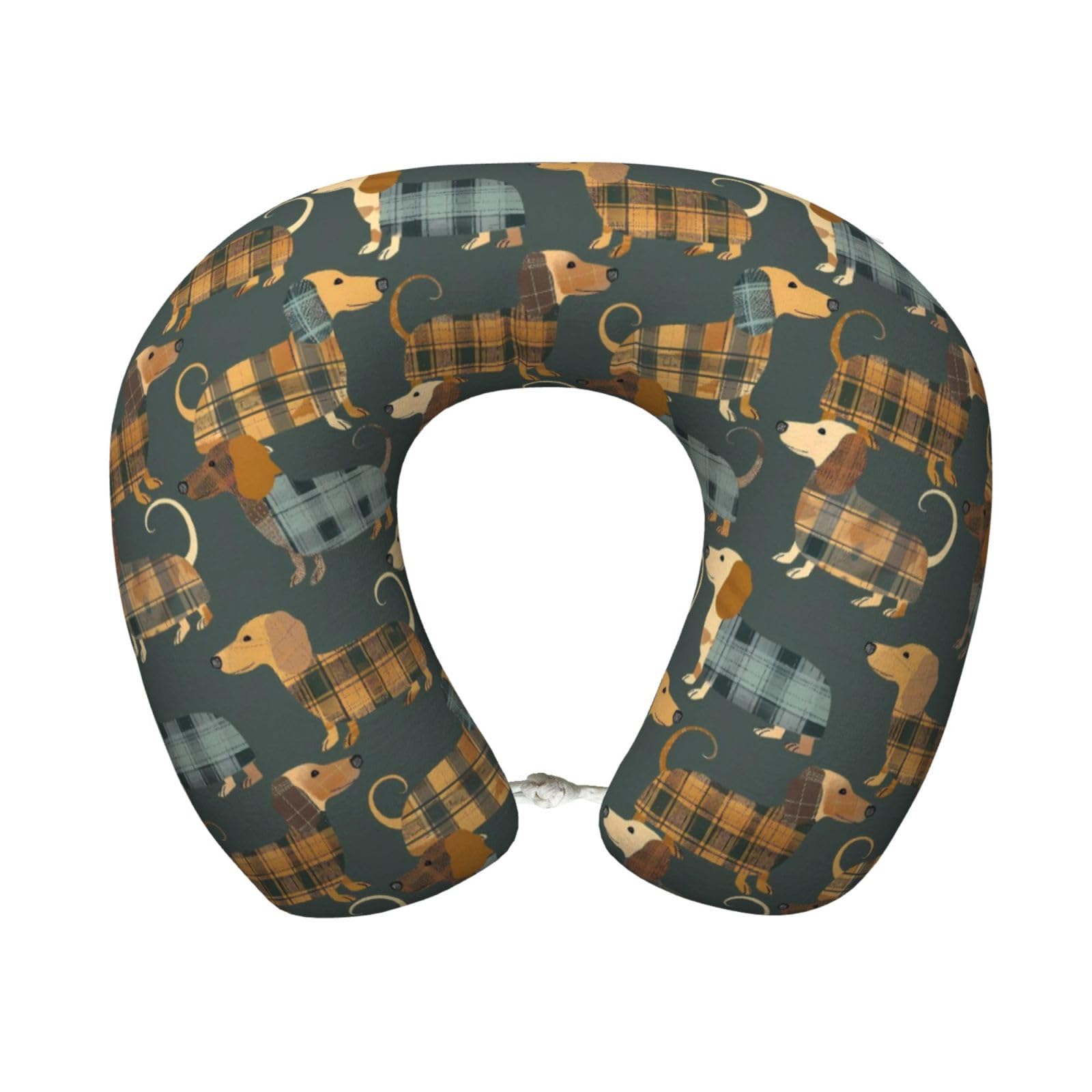 peiyeety Plaid Dachshund Print Travel Pillow Memory Foam, Portable Neck Pillow for Airplane, Car and Office