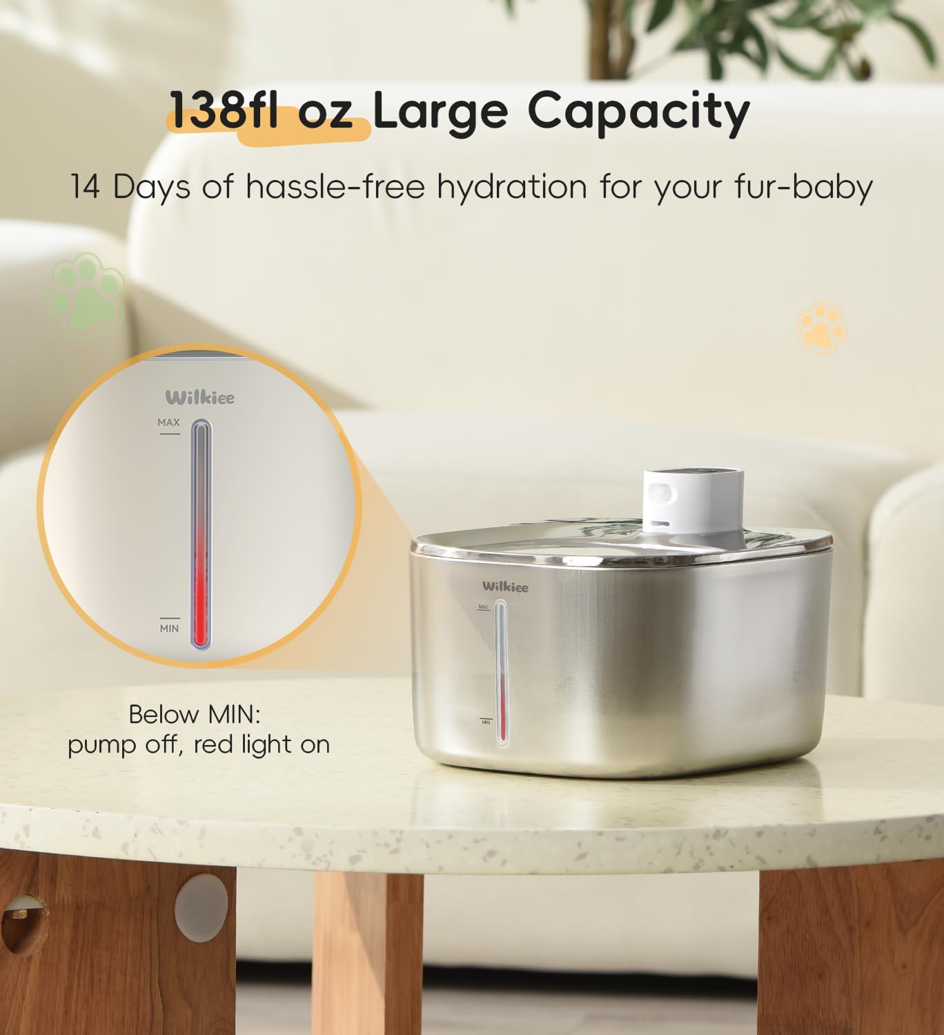 Cat Water Fountain Stainless Steel, 138fl.oz / 4.1L Wireless Cat Fountain, Pet Water Dispenser Cordless for Cats & Dogs Indoor - image 6