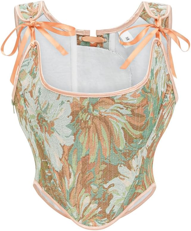 Dreay Womens Vintage Asymmetrical Hem Overbust Corset Tie Front Lace-up Back Bustier Shapewear Top XX-Large Cream Daisy