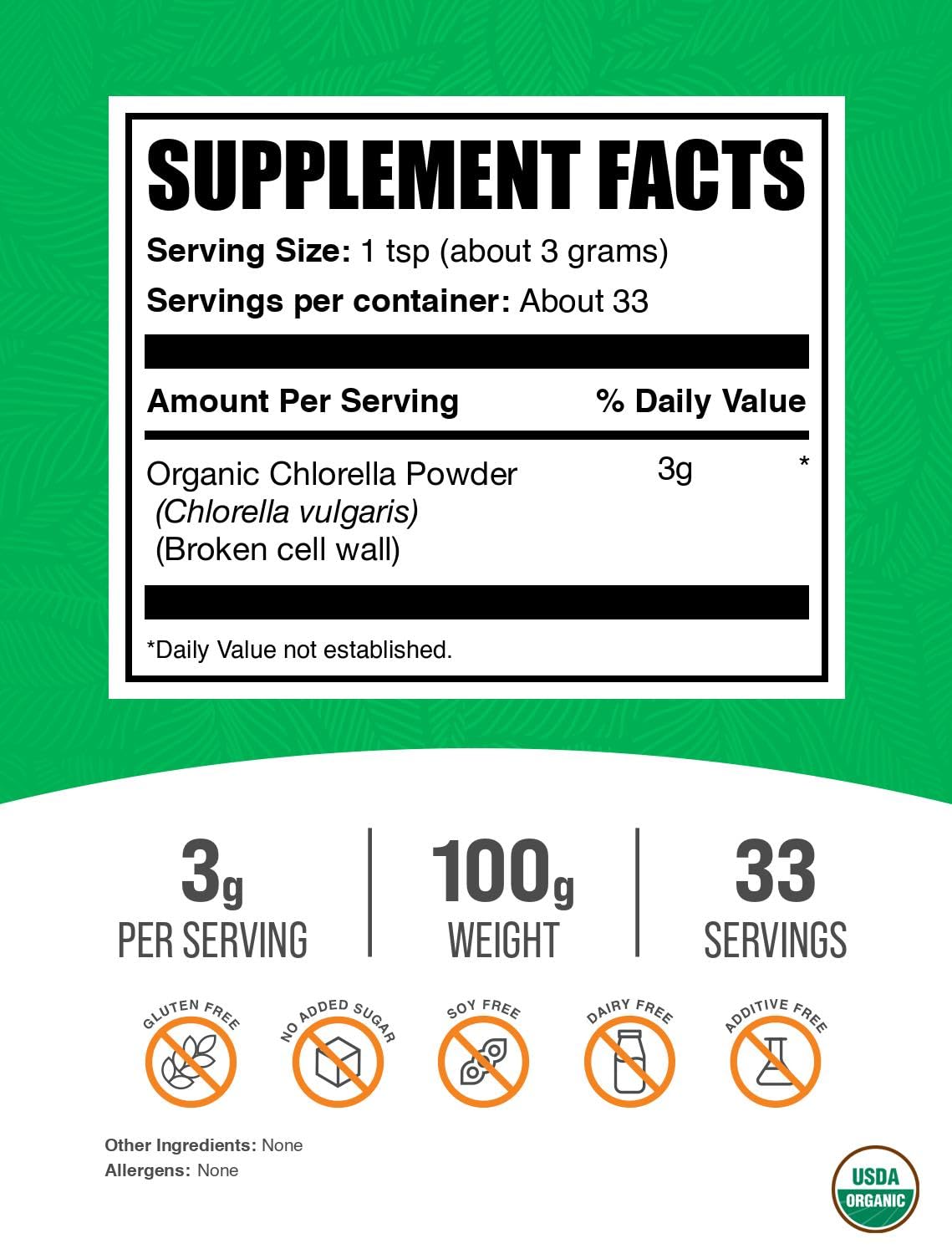 BulkSupplements.com Organic Chlorella Powder - Broken Cell Wall, Green Superfood Powder, Chlorella Supplement - Gluten Free, 3g per Serving, 100g (3.5 oz) (Pack of 1) — Amazon image 2