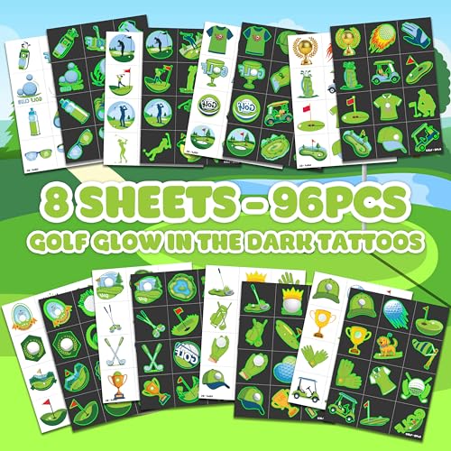 Image of 96 PCS Golf Luminous Glow in the Dark Pre-Cut Temporary Tattoos for Kids | Cute Sport Theme Birthday Party Favors & Decorations for Boys Girls, Fake Tattoos, Sticker, Rewards & Gifts for Boys & Girls