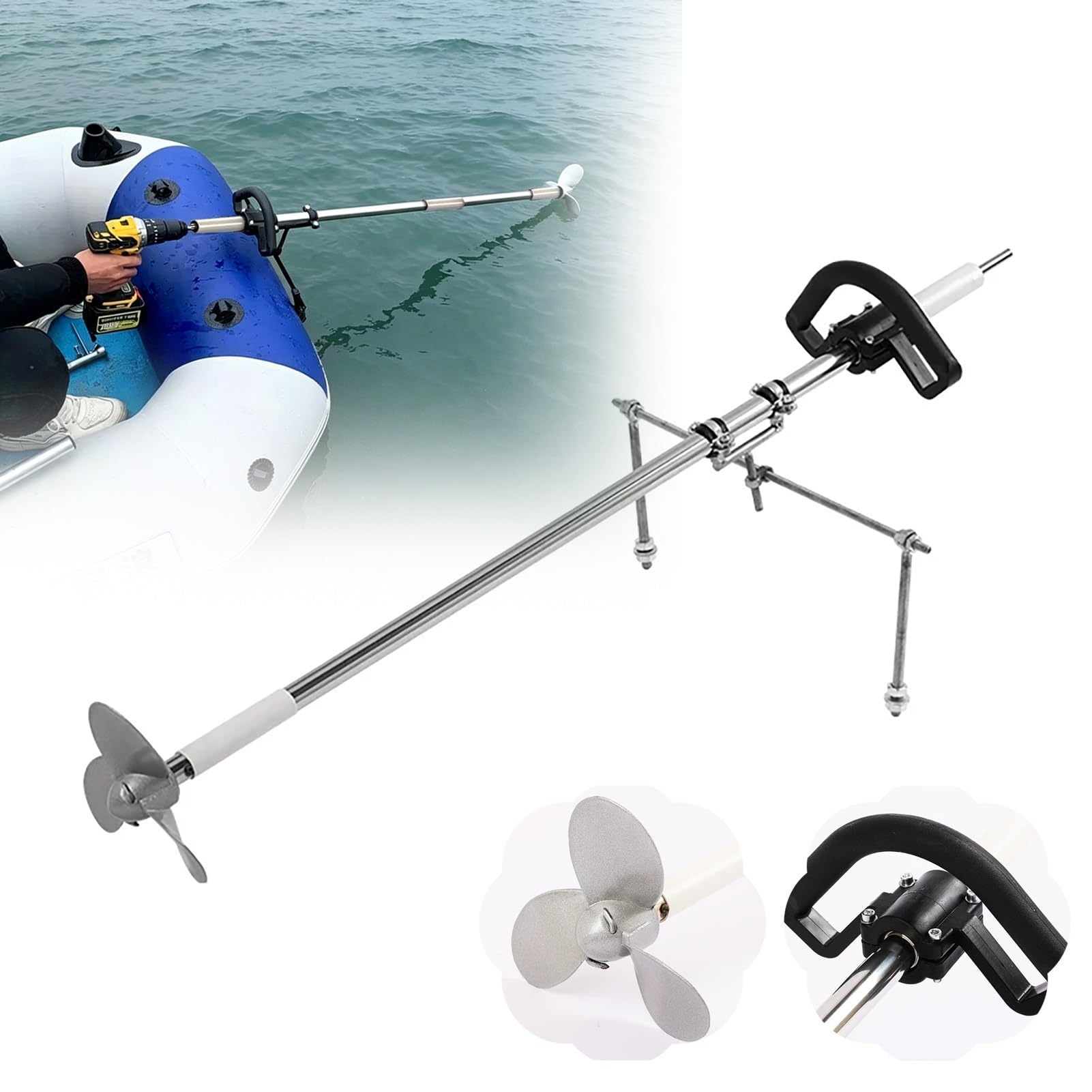 Aussenborder Elektromotor Tragbarer, Bohrmaschinenbetriebener Bootspropeller, Handgeführter Propellerantrieb, Steuerung für Elektromotor mit Klemme und Halterung(With Kayak Stand,L-100cm(39 3/8"))