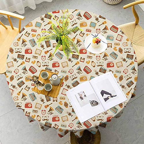 UETECH Table Cloth Vintage Retro Pattern Old Fashioned Icons Alarm Clock Typewriter Gramophone