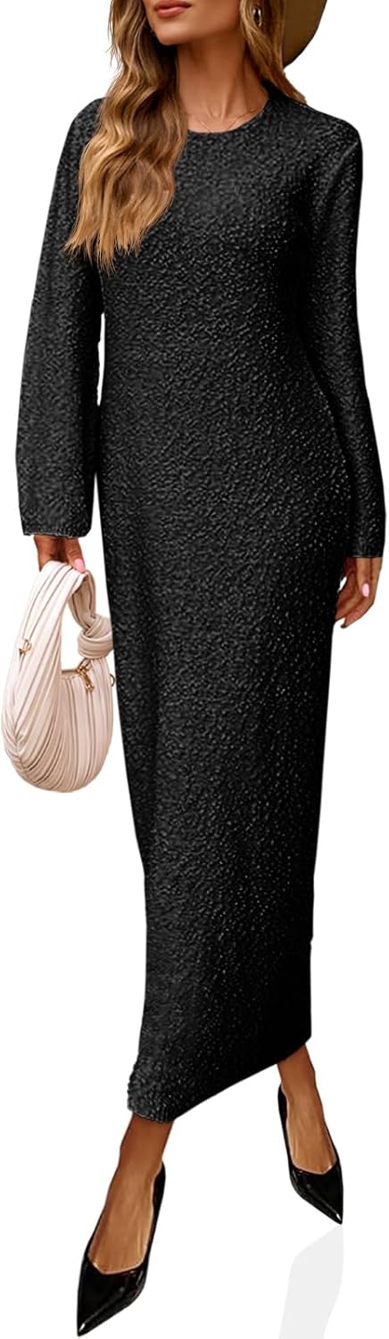 Saodimallsu Womens Long Sleeve Midi Sweater Dress Crew Neck Swiss Dot Soft Knit Casual Fall Trendy Maxi Dresses