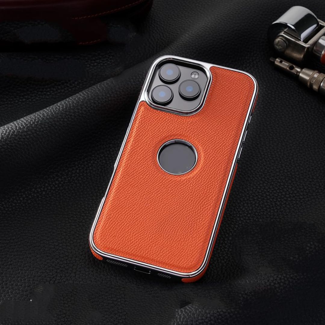 Coque iPhone 15 Pro Max cuir naturel et coque rigide de luxe orange premium - 8