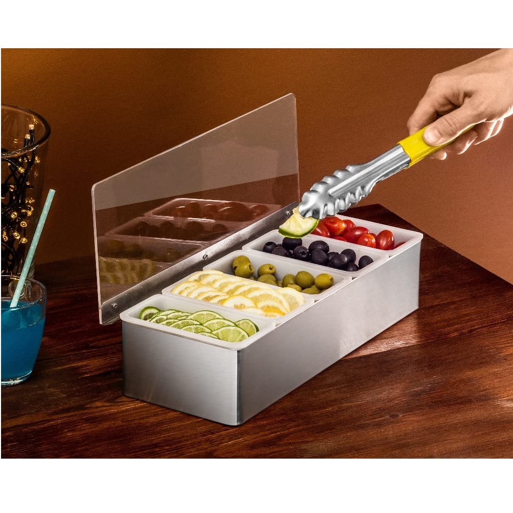 Contenitore refrigerato per ingredienti con 5 inserti, 5 cucchiai e 3 pinze – cocktail bar, buffet freddo, contenitore per condimenti, pizza, frutta