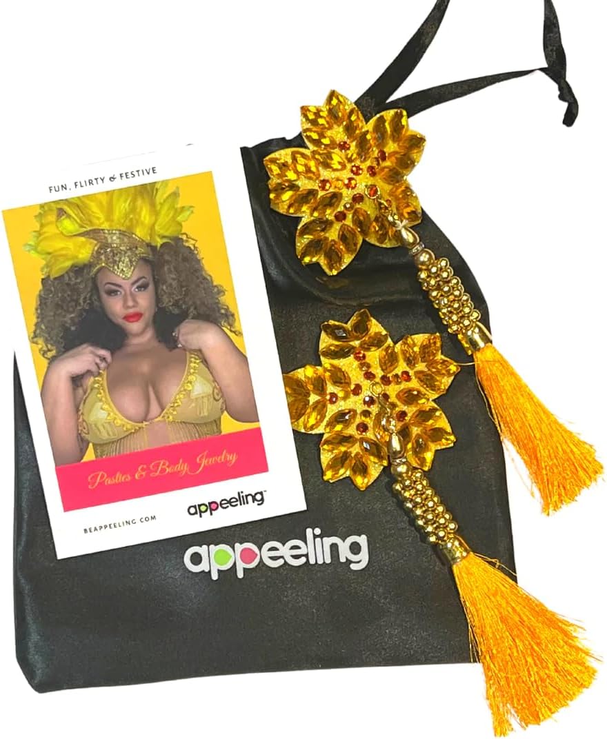 appeeling GOLDIE SWAN Yellow Flower Nipple Pasty, Nipple Cover (2pcs) with Yellow, Gold Beaded Tassels for Lingerie Carnival Burlesque Rave