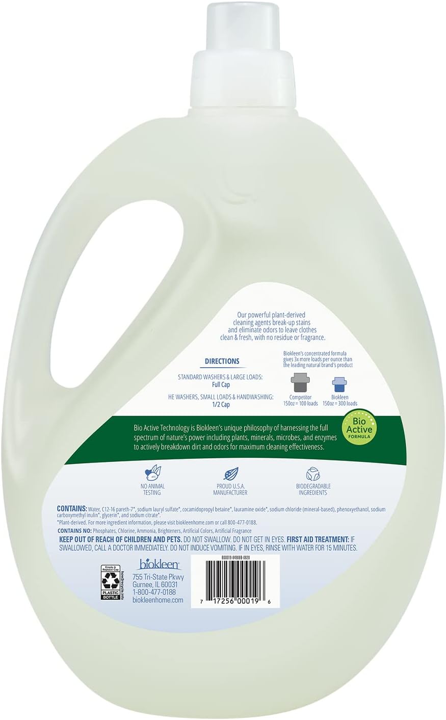 Biokleen Free & Clear Natural Liquid Laundry Detergent, Plant-Based, Unscented, Ultra-Concentrated - 300 Loads
