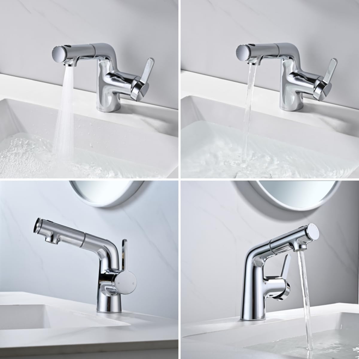 Rubinetto Bagno Lavabo con Doccetta Estraibile, Miscelatore Lavabo Bagno, Rubinetti Monocomando con 3 Modalità, Aeratore Rimovibile, Senza Piombo, Acqua Calda e Fredda, Moderno Cromato