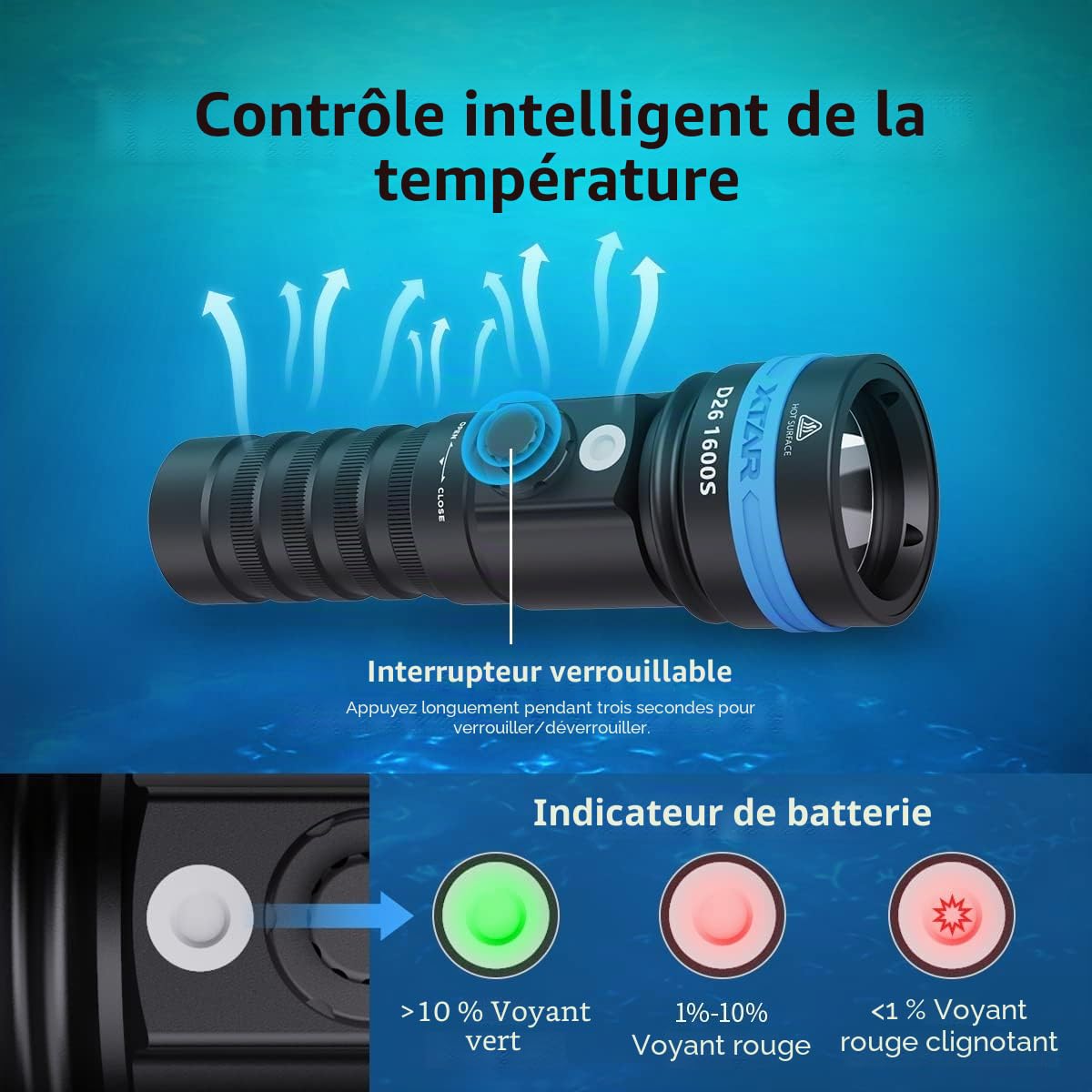 XTAR D26 1600S Lampe de poche sous-marine 1600 lm 4 modes IPX8 pour exploration en plein air et sports nautiques (pas de batterie)