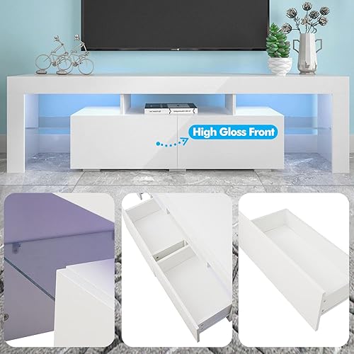 Miniatura 6 de Hangoo Soporte de TV blanco para centro de entretenimiento de TV, soporte LED con 2 cajones y almacenamiento para consola de TV, caja de cable