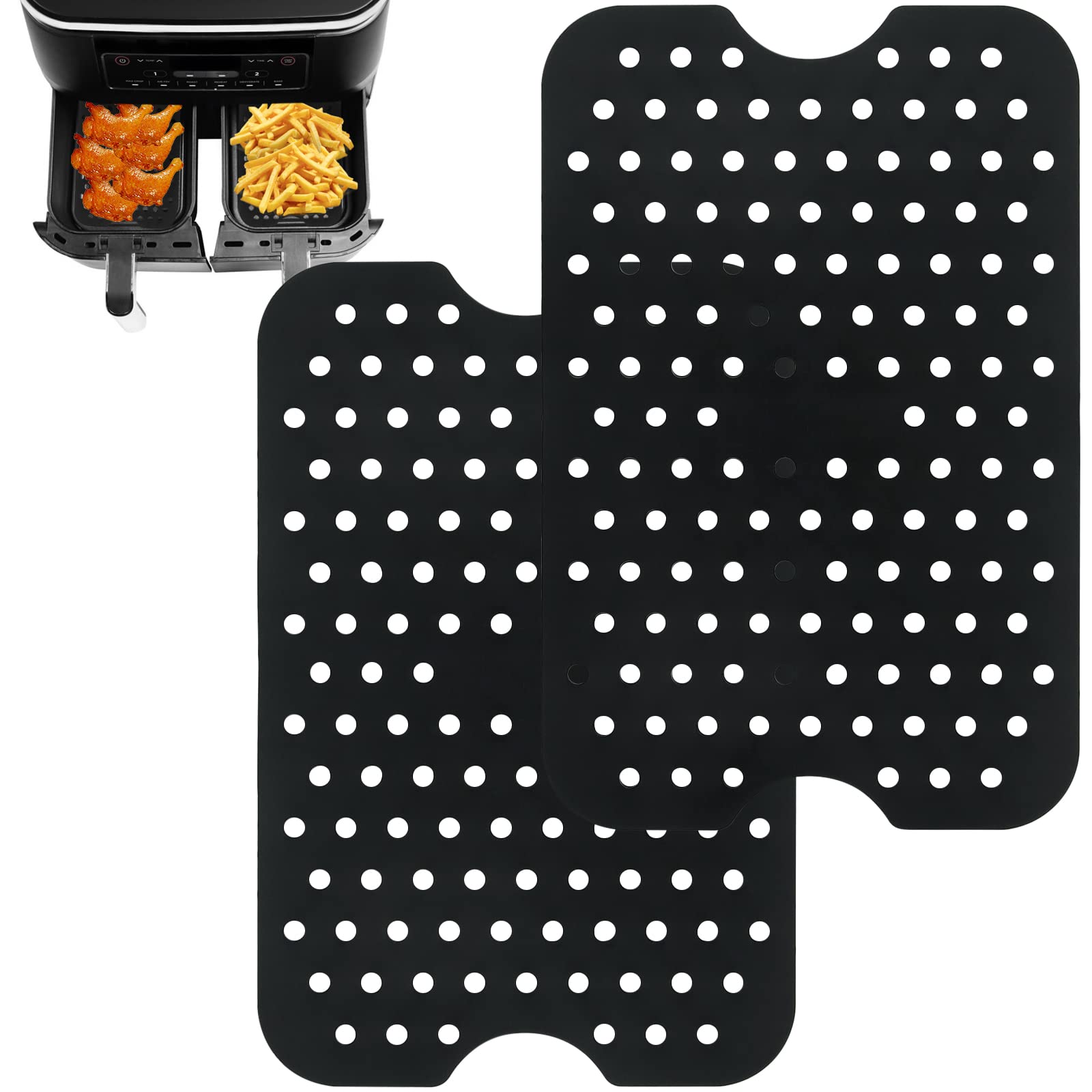 BYKITCHEN 2pcs Silicone Air Fryer Liner for Ninja Dual Basket, Air Fryer AF300UK Accessories, Reusable Silicone Liners for Ninja Double Drawer Fryer and Salter/Instant Vortex Twin Air Fryer (Black) โ image 1