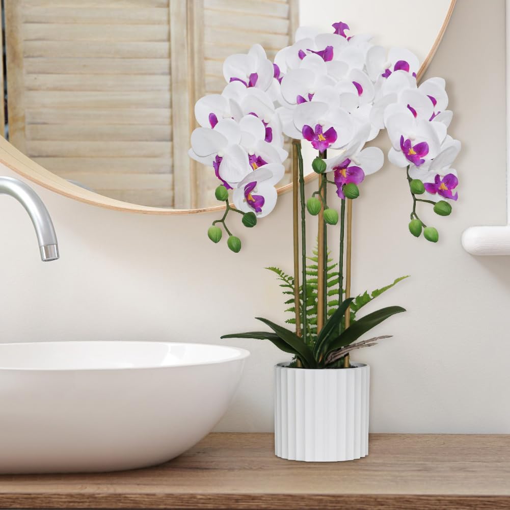 Olrla Flor de orquídea Artificial en Maceta para Interior, bonsái de imitación Phalaenopsis para decoración de hogar, Oficina, Fiesta, jardín (Blanco Y Morado)
