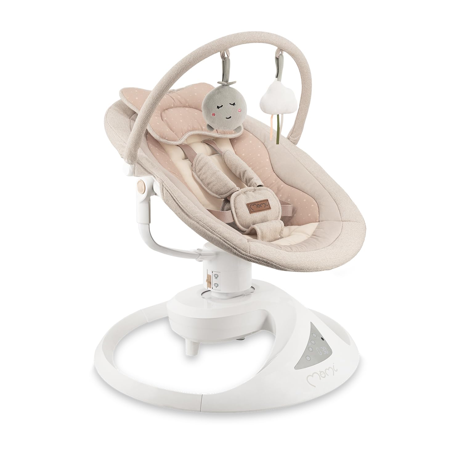 Balancelle MoMi Pearl 9 kg, siège 360°, LED, Bluetooth, télécommande, piles ou secteur, câble USB, harnais 5 points, arche avec jouets