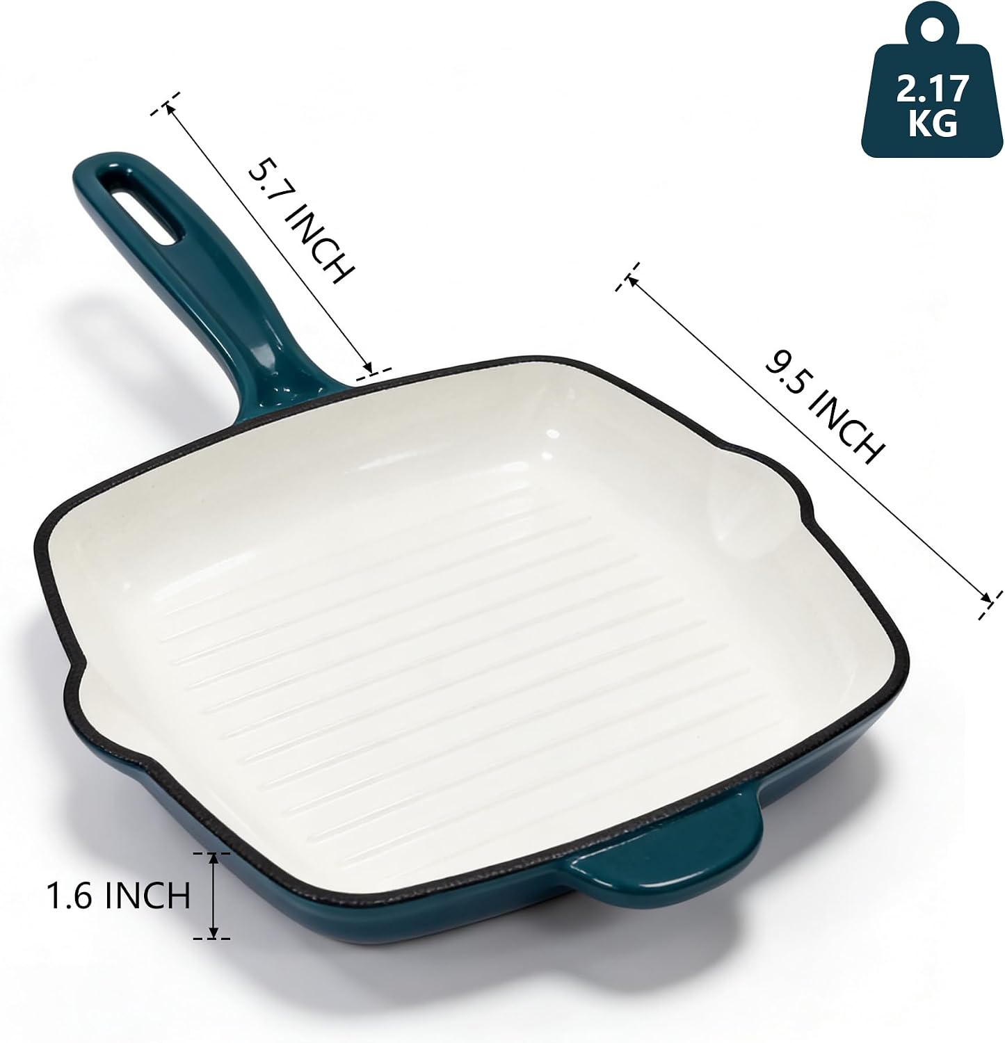 Enameled Cast Iron Square Grill Pan, Nonstick Steak Skillet (Peacock Blue, 9.5 inch)