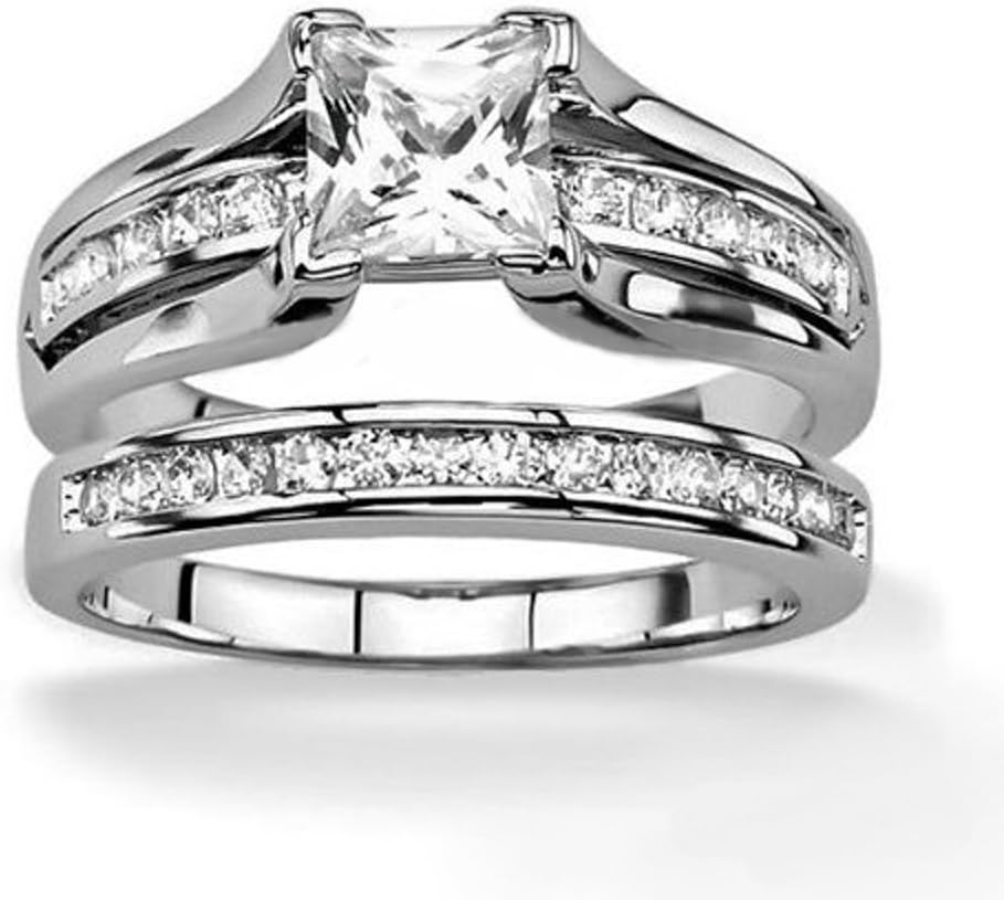 Marimor Jewelry His and Hers Stainless Steel Princess Wedding Ring Set and Classic Wedding Band