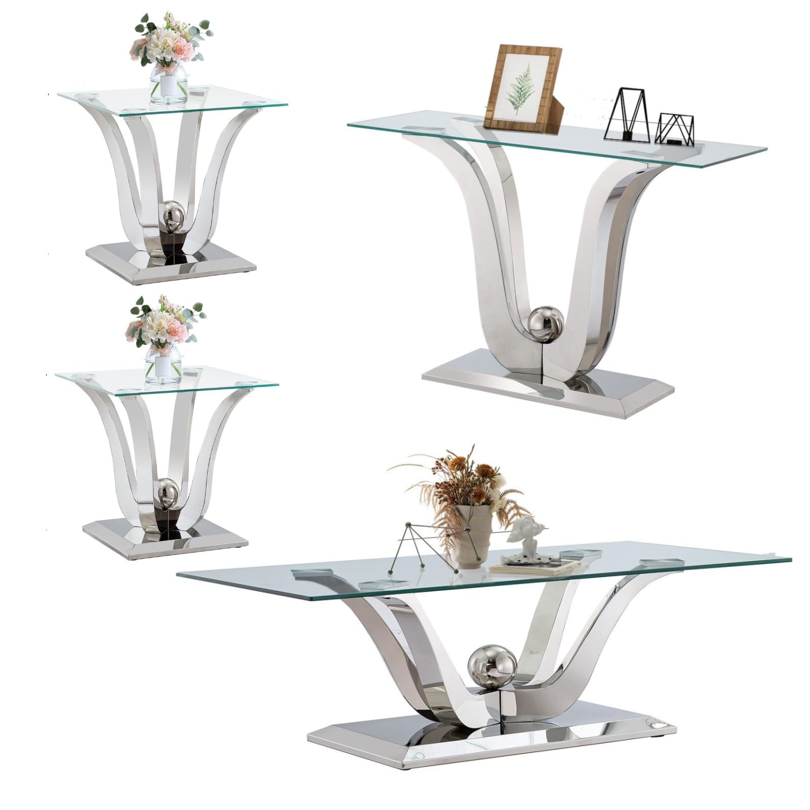 47'' Glass Coffee Table Set of 4, Modern 4-Piece Living Room Table Set, Include Glass Coffee Table Console Table and 2 End Table, Tempered Glass Top