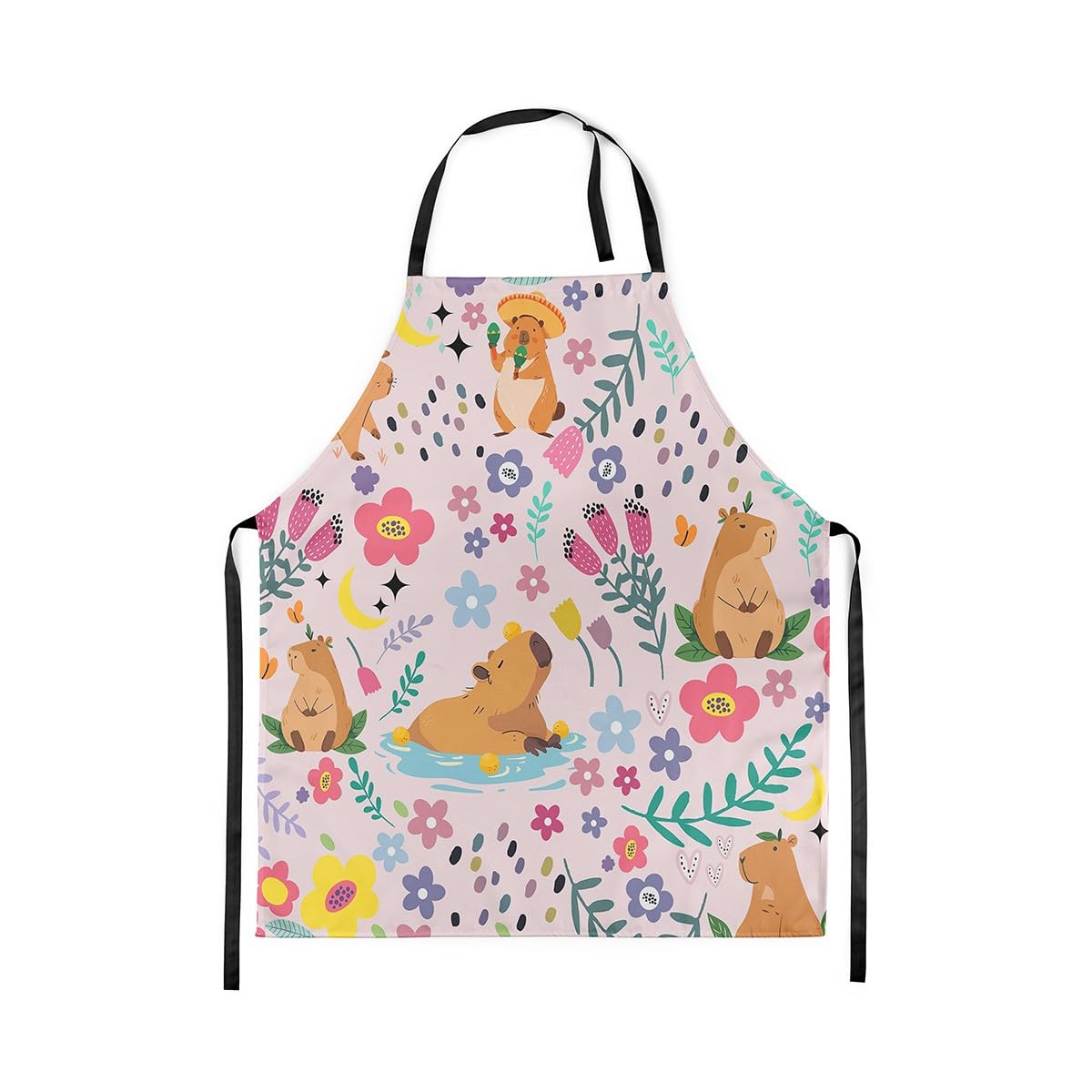Homewish Floral Capybara 78x66cm Apron for Girls Drawing,Cartoon Animal Chef Apron for Kids Child,Lovely Flower Moon Floral Kitchen Apron,Groovy Style Pink Cooking Apron
