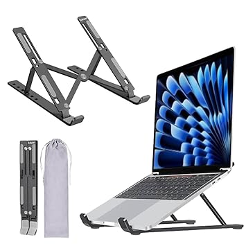 Tukzer (Imported Foldable Laptop Stand Riser for Laptop, MacBook, Notebook & Tablets up to 17 Inch, 7 Level Height Angle Adjustment, 2X Stronger M-Shape Aluminum Silicone Pads Air Ventilation-Black - image, photos