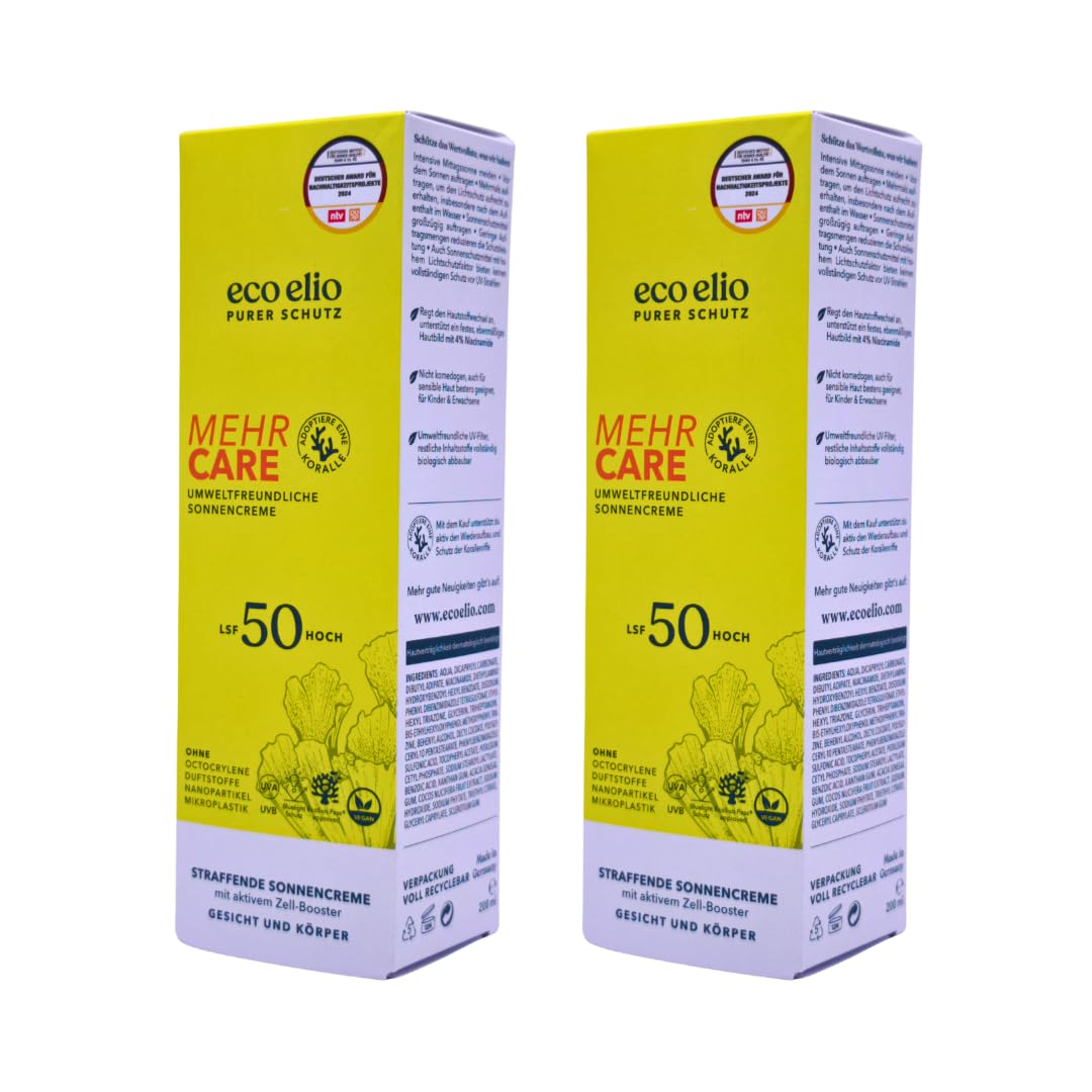 eco elio Mehr Care LSF 50, 2x 200 ml I Sonnencreme mit Niacinamid & Blue-Light-Schutz I Straffend, schnell einziehend & vegan I Für Gesicht & Körper I Spar-Set plus Pharma Perle give-away