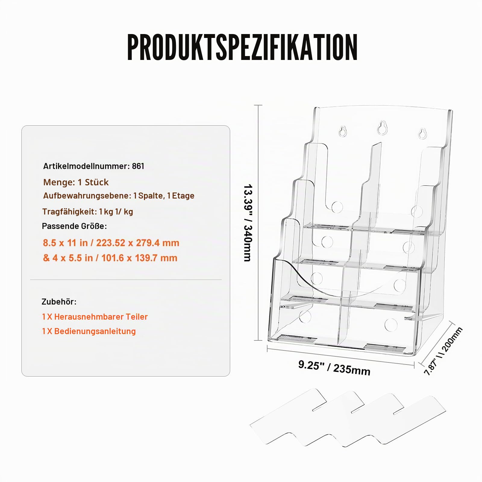 VEVOR Prospekthalter Schilderhalter aus Acryl 4 stufiger durchsichtiger Literaturständer 223,52 x 279,4 mm, Aufsteller mit abnehmbarer Trennwand für Büroausstellungen Arbeitsplatte Wandmontage