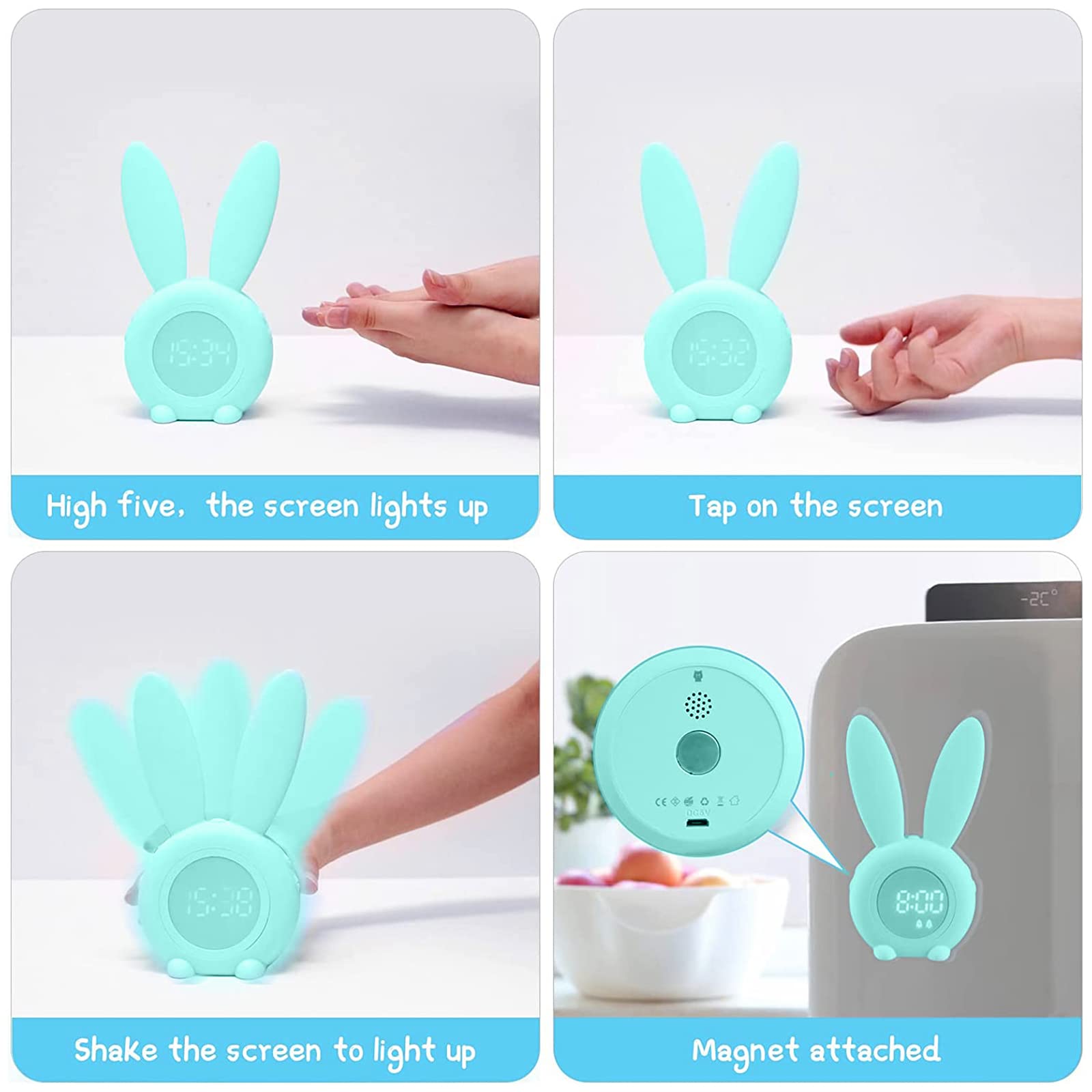 wecker kinder, Cute Rabbit Kinderwecker Nachttischlampe-Snooze-Funktion, wecker mit licht Digital, zeitgesteuertes Nachtlicht wecker, Kindertagesgeschenk für Kinder, Jungen, Mädchen - Grün