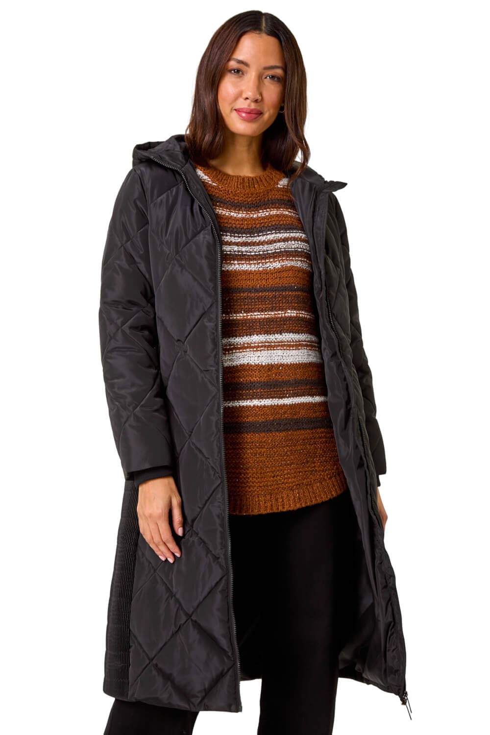 Roman Originals Women's Black Longline Diamond Quilt Hooded Coat For Uk - Everyday Autumn Winter Funnel Neckline Comfy Soft Evening Vacation Work Party Night Out - Size 10