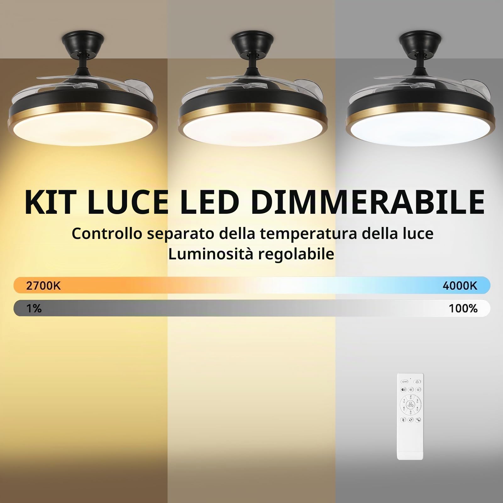 24W Ventilatore da soffitto con Telecomando, Dimmerabile Ventilatori a Soffitto con Altoparlante Bluetooth e Reversibile, Ventilatore da Soffitto con Lampada e pale a scomparsa per Camera da Letto