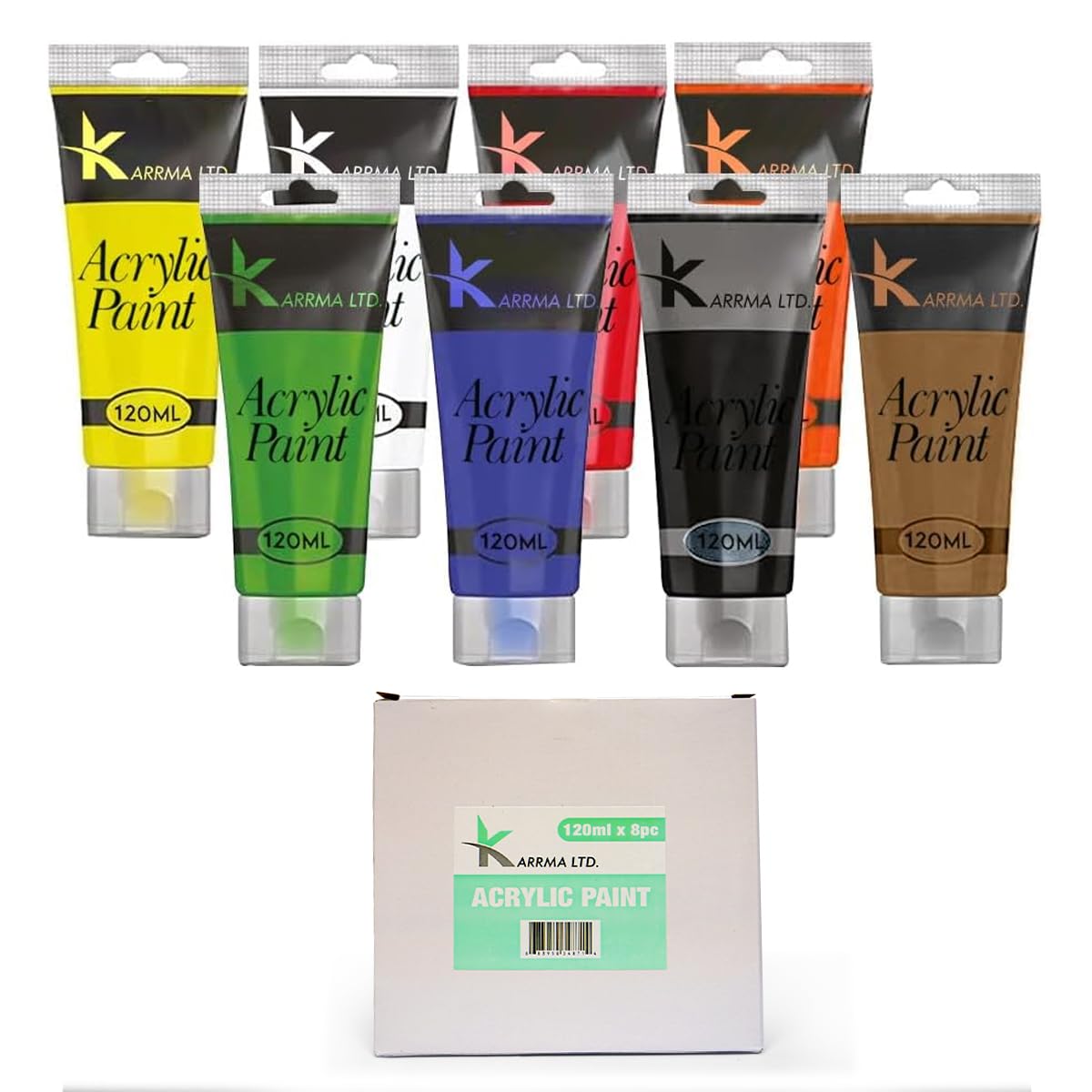 Karrma Ltd Acrylic Paint Set 8 Tubes 120ml Each of Assorted Colour Black - Blue - Brown - Green - Orange - Red - White - Yellow Multi-Surface Paints for Canvas, Paper & Crafts Non-Toxic