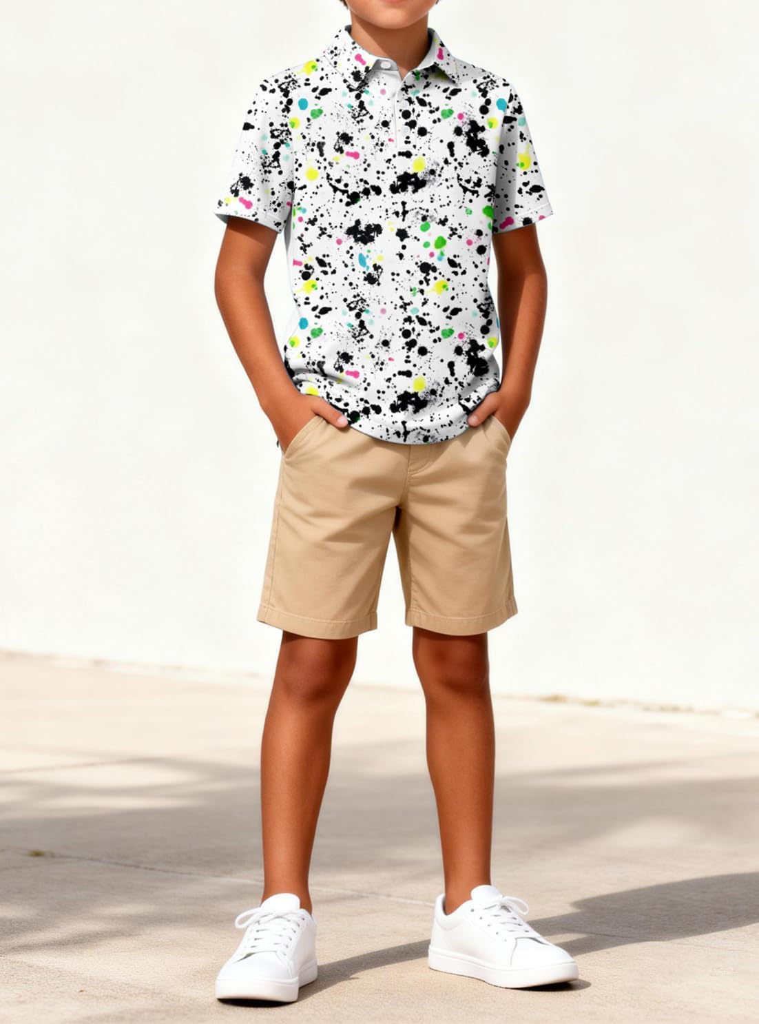 Boys Performance Polo Shirt Short Sleeve Moisture Wicking Active Casual Print Collared Golf Shirts for Boy White Painting 5-6 Years