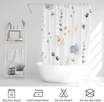Gibelle Blue Beige Watercolor Floral Fabric Shower Curtain, 36x72